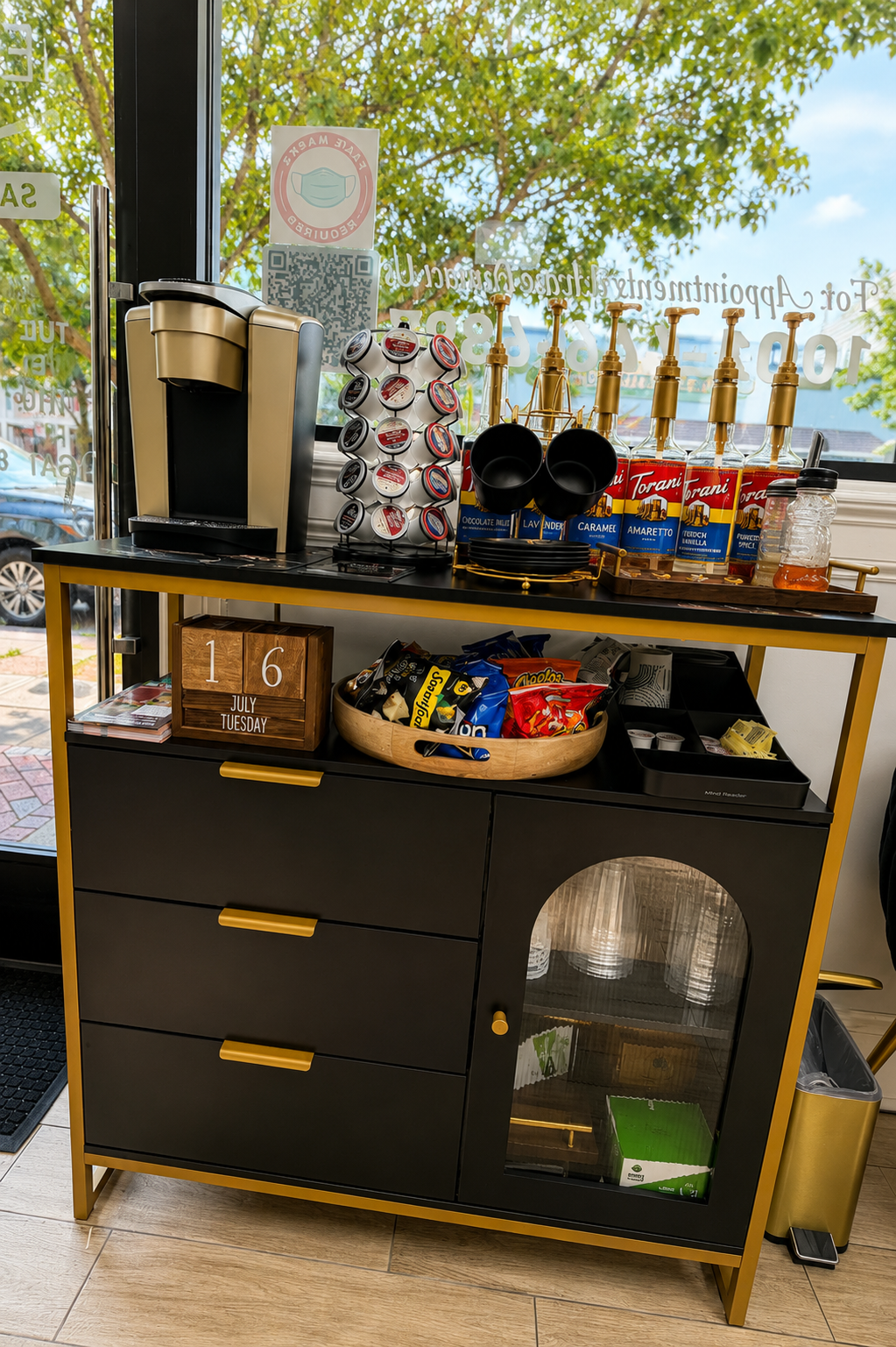 Complimentary coffee and snack station